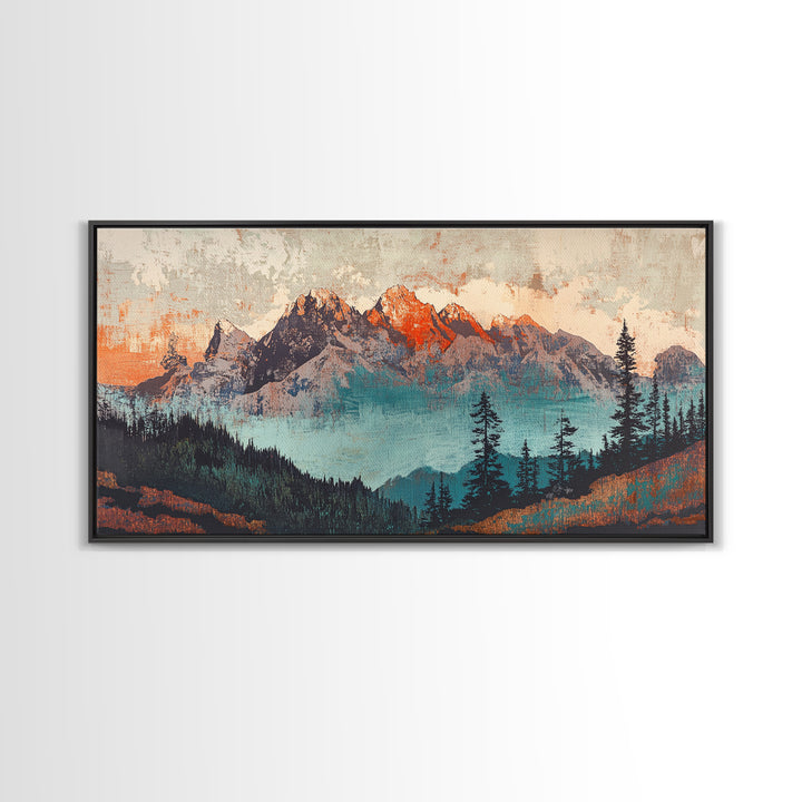 Snowy Mountain Peaks And Pine Forest Wall Art, Rustic Landscape Framed Canvas Print, Large Nature Decor For Living Room Art