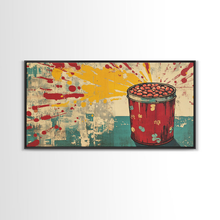 Retro Red Tin Of Beans With Yellow Paint Splashes Wall Art, Pop Art Canvas Print, Fun Kitchen Decor For Dining Room Poster