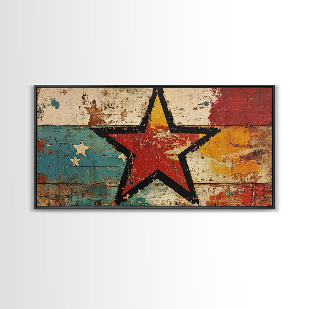 Distressed Red Star On Teal And Gold Abstract Wall Art, Retro Americana Canvas Print, Bold Rustic Home Decor For Man Cave Or Office