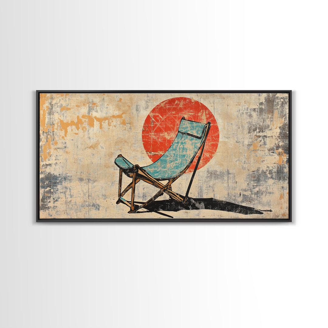 Turquoise Beach Chair In Front Of Red Sun Wall Art, Retro Coastal Canvas Print, Summer Beach House Decor For Patio And Living Room