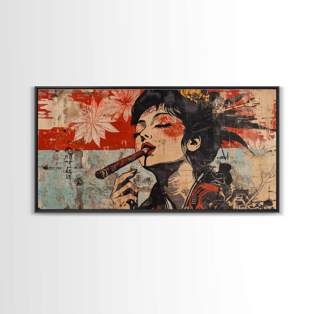 Glamorous Geisha Woman Smoking Cigar Wall Art, Japanese Pop Art Canvas Print, Bold Feminine Decor For Lounge And Living Room