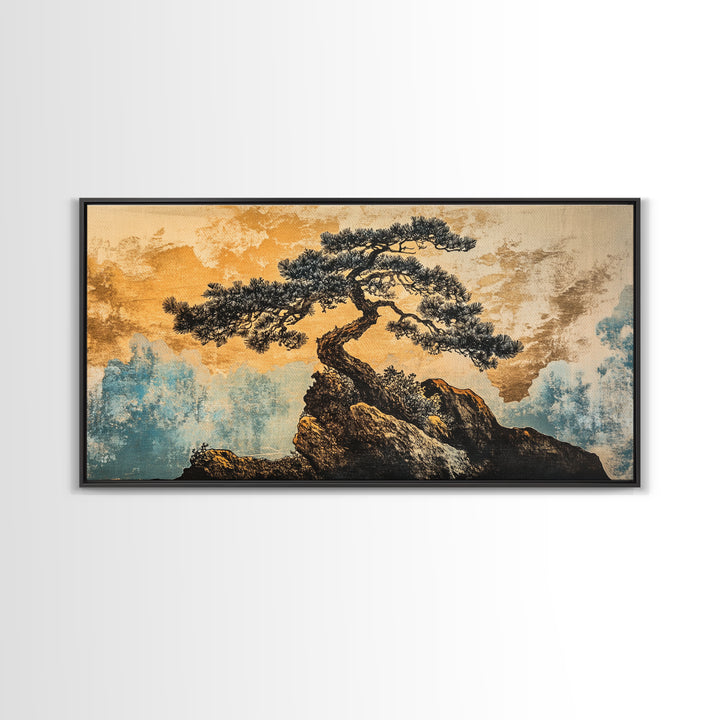 Twisted Bonsai On Golden Cliff Wall Art, Japanese Zen Landscape Print, Asian Inspired Decor, Teal Gold Living Room Art Print