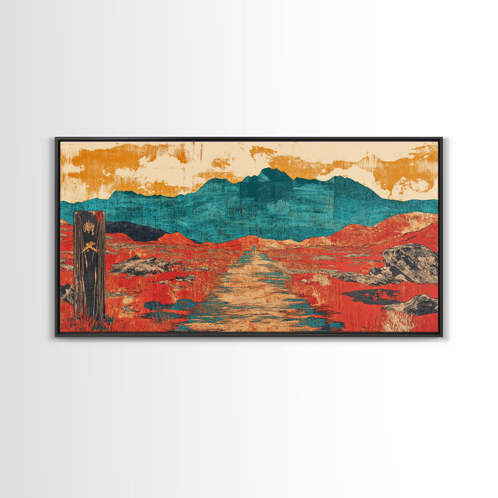Red Desert Road To Turquoise Mountains Canvas Print, Southwestern Landscape Art, Boho Western Decor, Large Living Room Wall Art