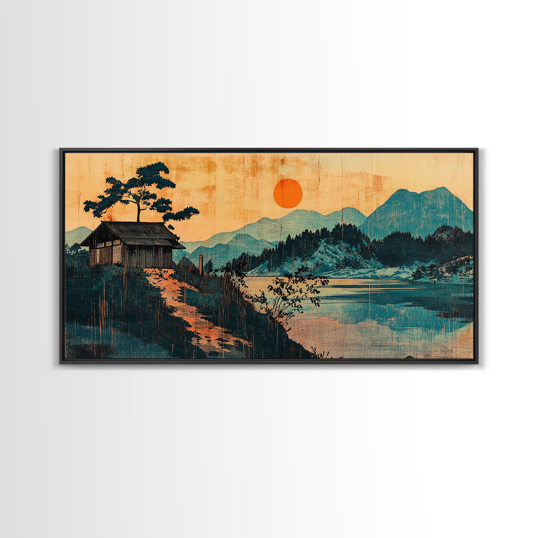 Lakeside Cabin With Red Sun Wall Art, Japanese Mountain Landscape Print, Japandi Decor, Serene Living Room Canvas Art Print