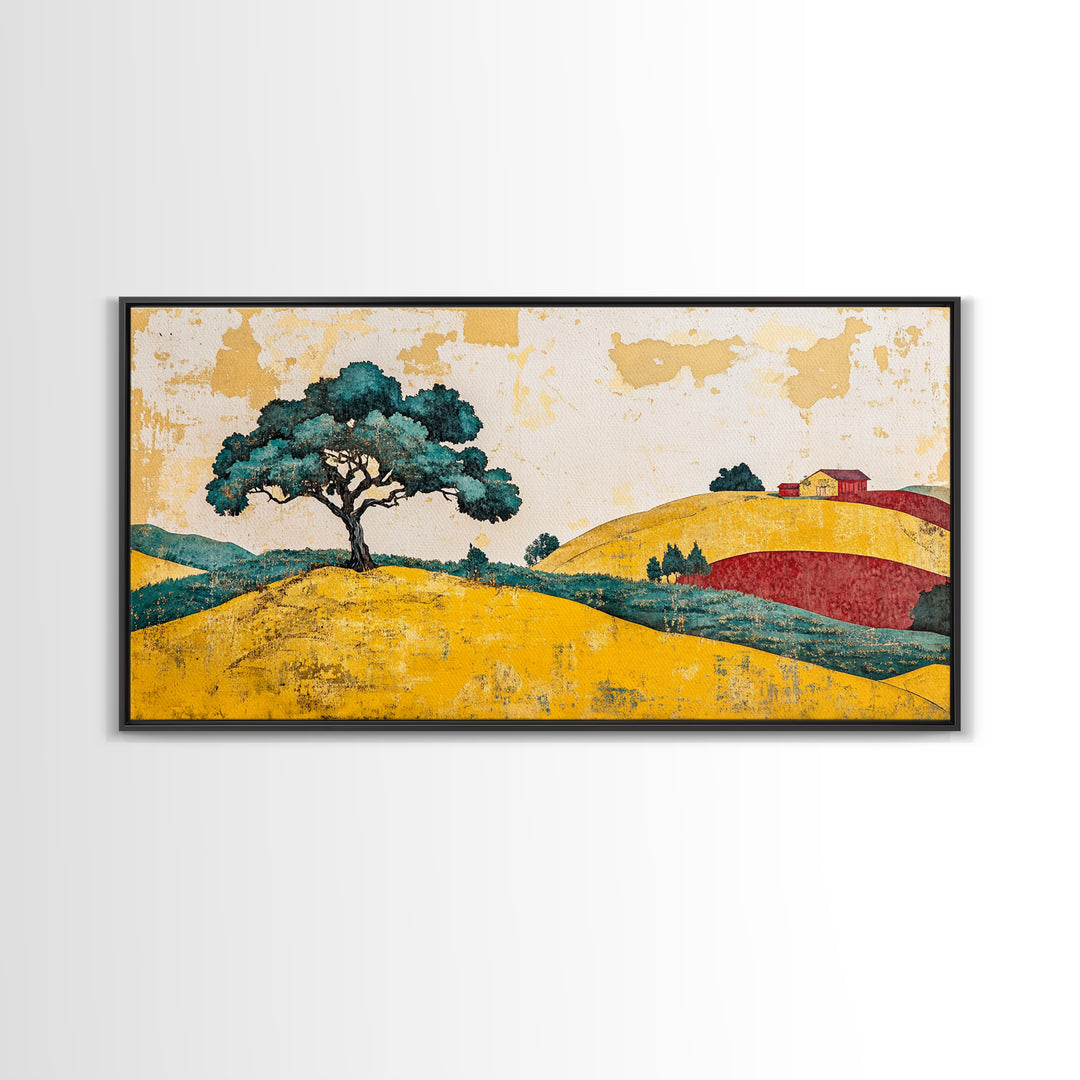 Lone Tree On Golden Rolling Hills Canvas Print, Rustic Country Landscape Art, Farmhouse Wall Decor, Warm Home Decor Wall Art