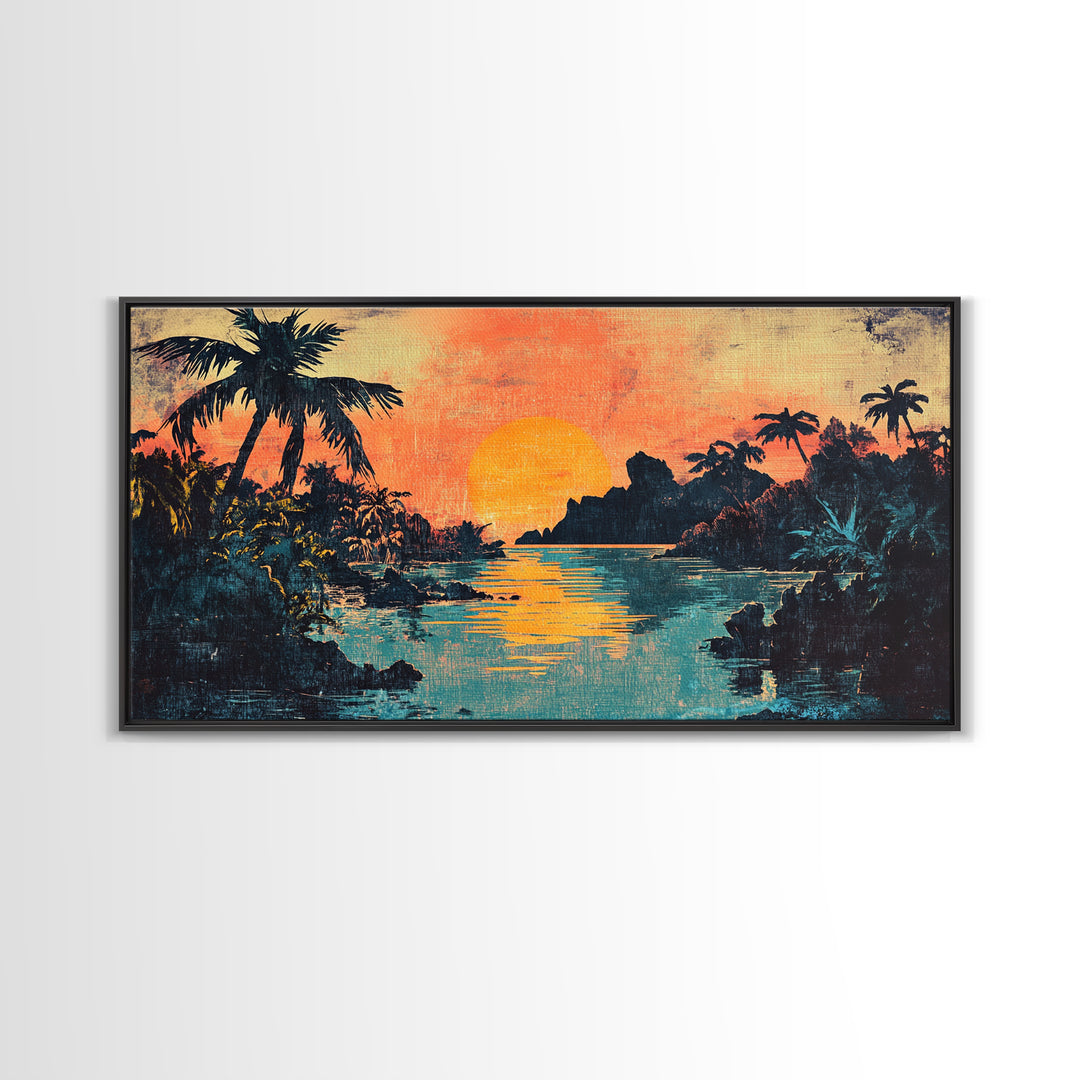 Tropical Lagoon Sunset With Palm Trees Canvas Print, Coastal Wall Art, Island Decor, Vibrant Beach House Living Room Art