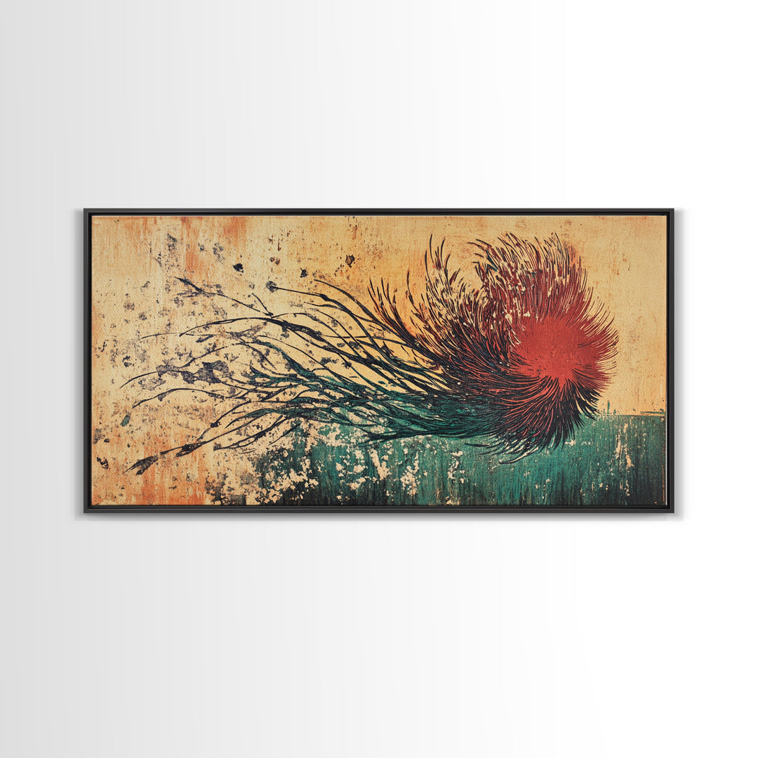 Red Windblown Botanical Flower Wall Art, Textured Japanese Canvas Print, Abstract Floral Living Room Decor, Home Decor Gift For Her