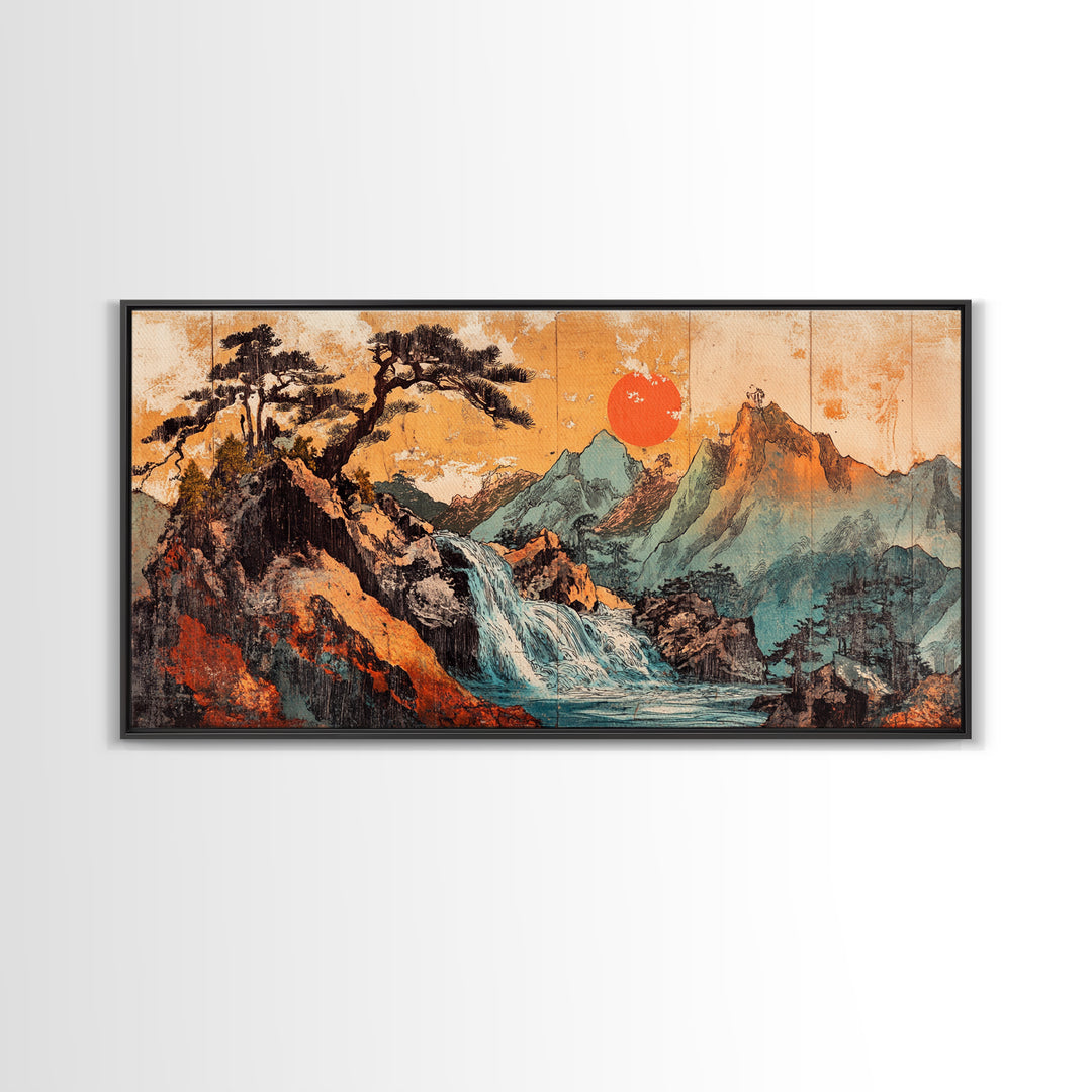 Mountain Waterfall With Red Sun Wall Art, Japanese Landscape Canvas Print, Rustic Nature Living Room Decor Housewarming Gift