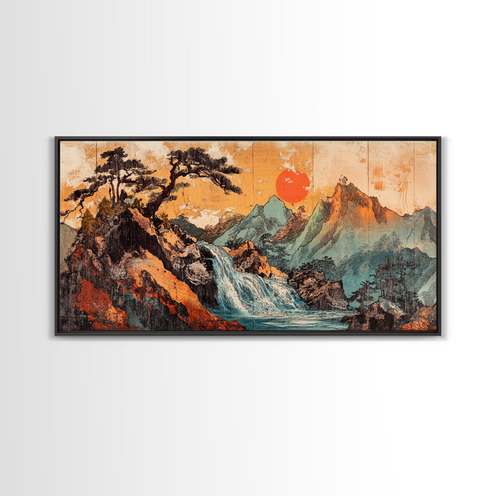 Mountain Waterfall With Red Sun Wall Art, Japanese Landscape Canvas Print, Rustic Nature Living Room Decor Housewarming Gift