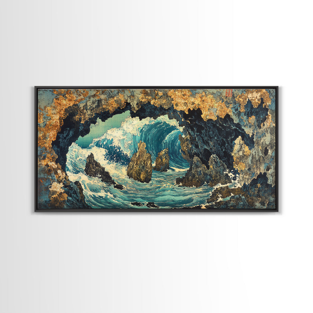 Crashing Ocean Wave Inside Rocky Cave Wall Art, Japanese Seascape Canvas Print, Coastal Nautical Living Room Decor Gift For Her