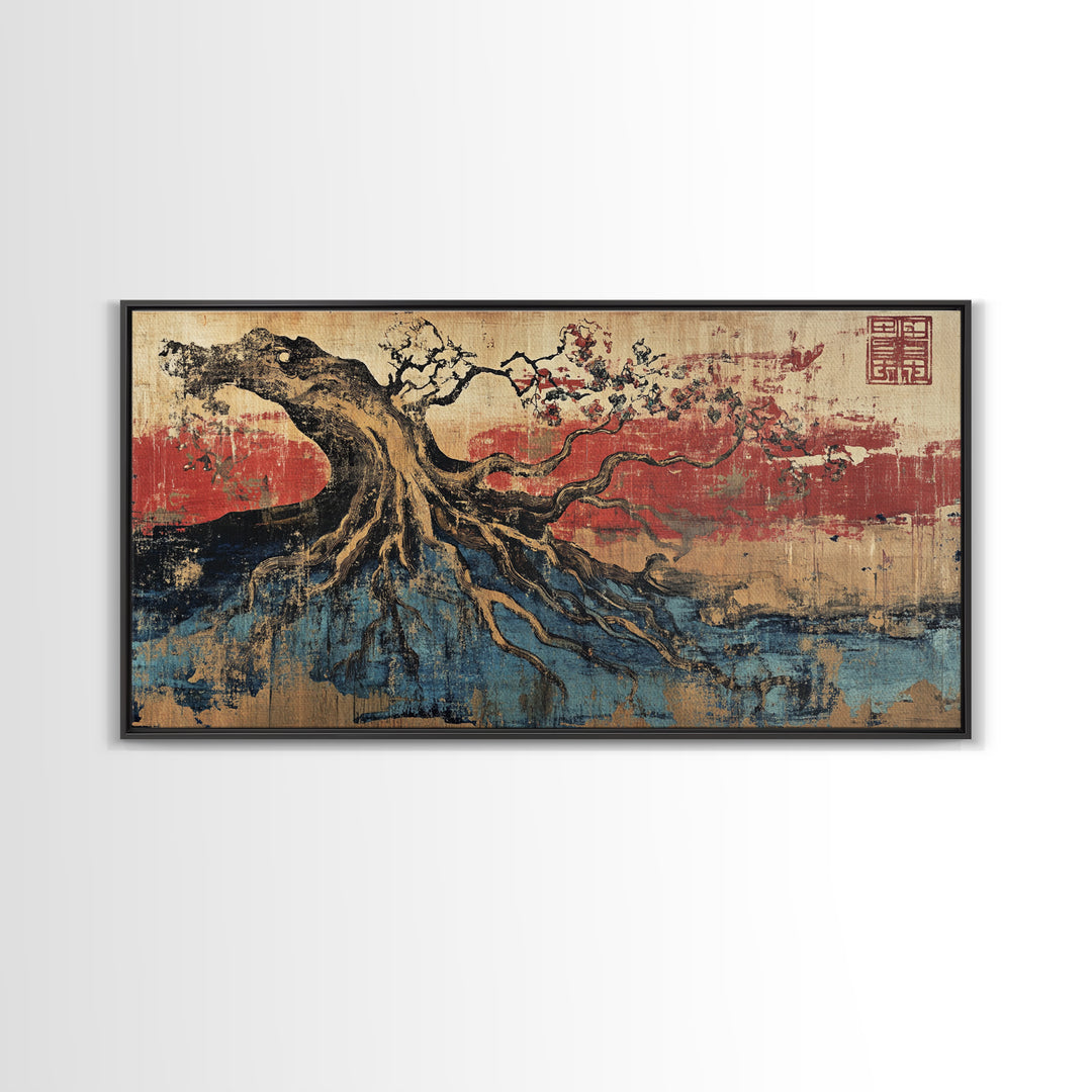 Ancient Tree Roots Over Blue Water Wall Art, Japanese Landscape Canvas Print, Zen Nature Decor And Rustic Home Decor Gift