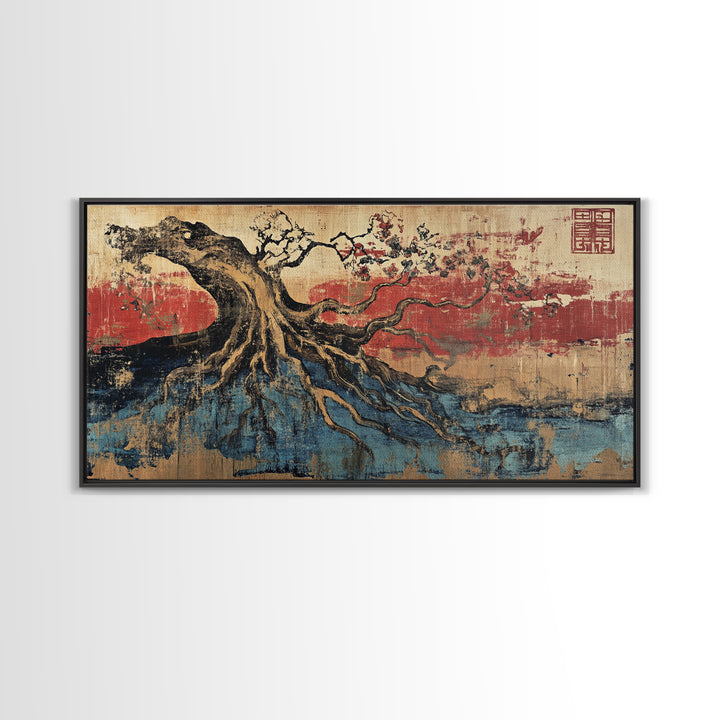 Ancient Tree Roots Over Blue Water Wall Art, Japanese Landscape Canvas Print, Zen Nature Decor And Rustic Home Decor Gift