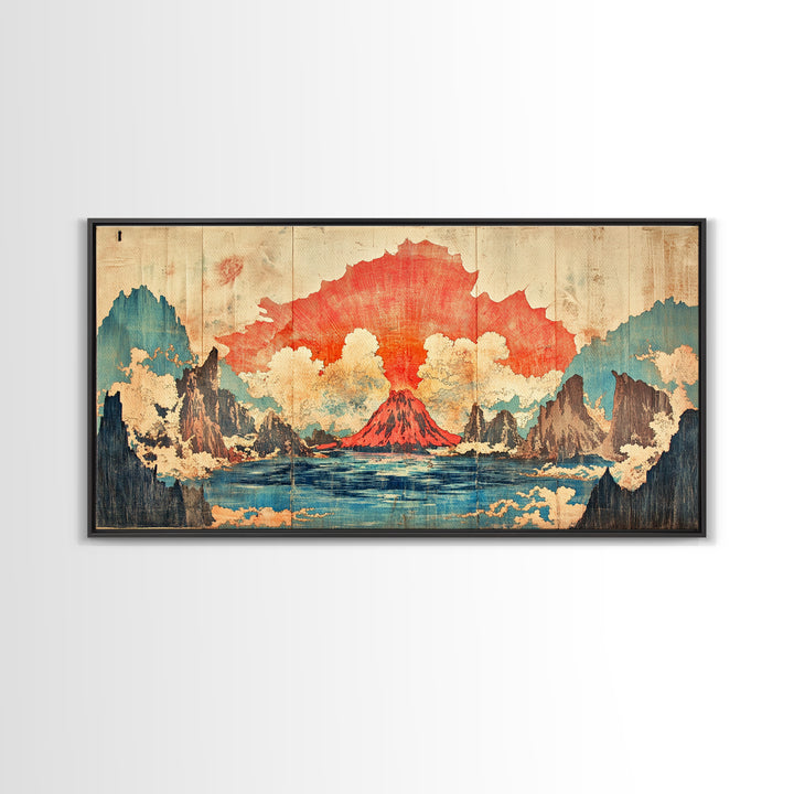 Erupting Red Volcano On Blue Mountain Lake Wall Art, Japanese Landscape Canvas Print, Dramatic Nature Living Room Decor Gift