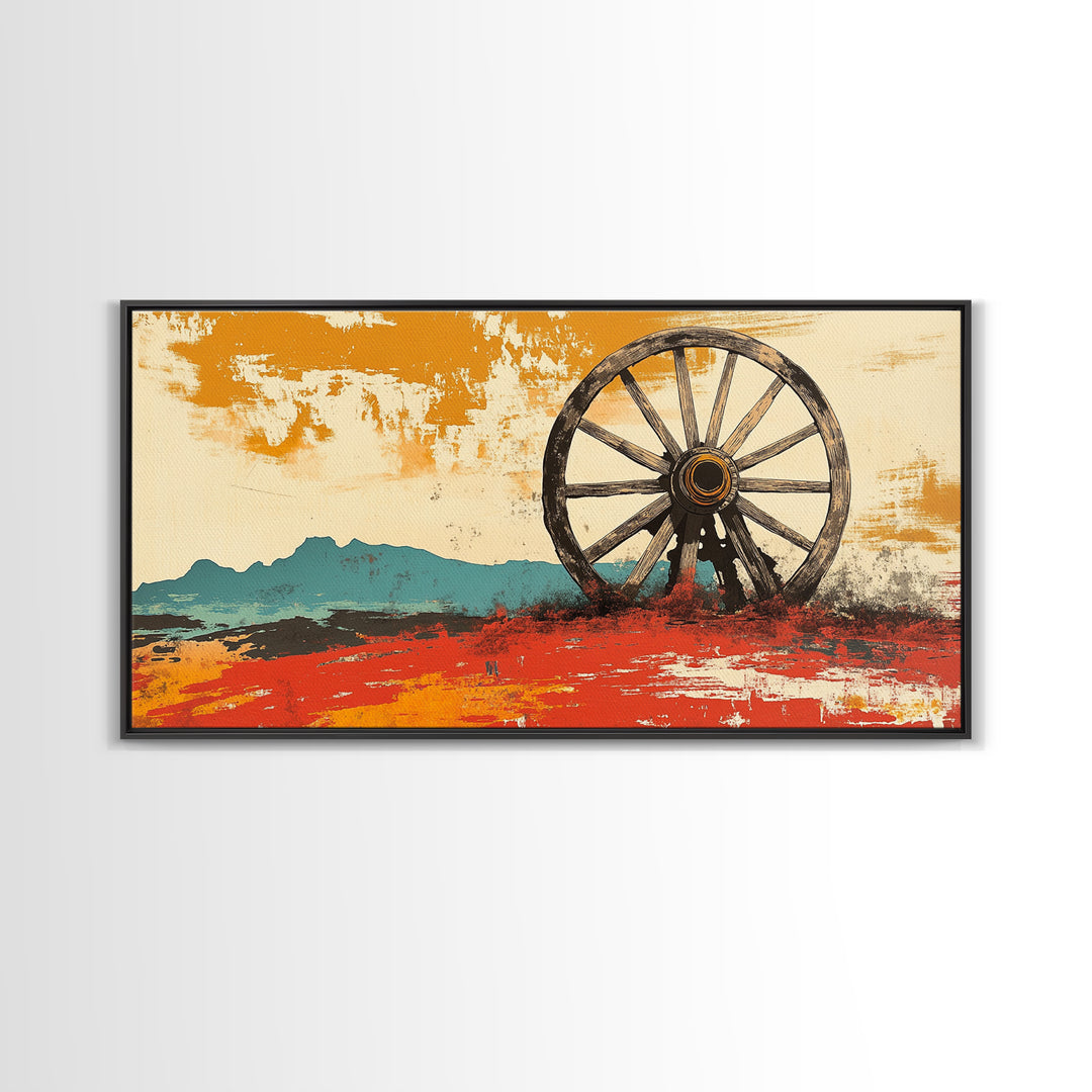 Rustic Wagon Wheel Desert Landscape Wall Art, Western Canvas Print, Southwestern Decor, Ranch House Living Room Art, Above Sofa Decor