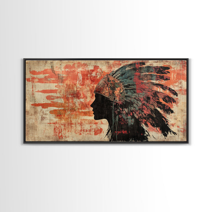 Indigenous Warrior Headdress Silhouette Wall Art, Tribal Canvas Print, Southwestern Decor, Rustic Western Living Room Art