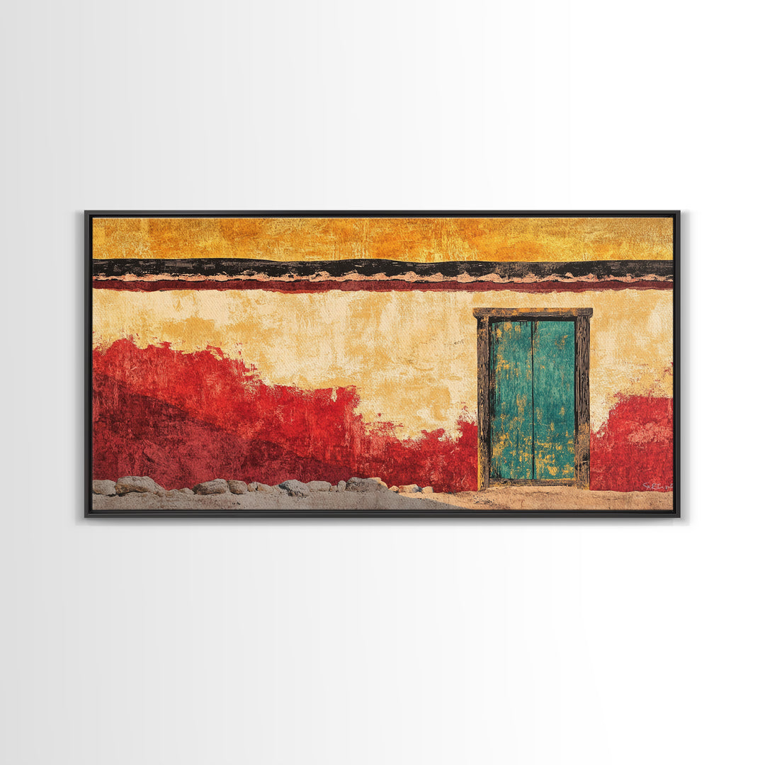 Turquoise Door Adobe Southwest Wall Art, Rustic Canvas Print, Mexican Courtyard Decor, Warm Entryway Living Room Art, Home Decor