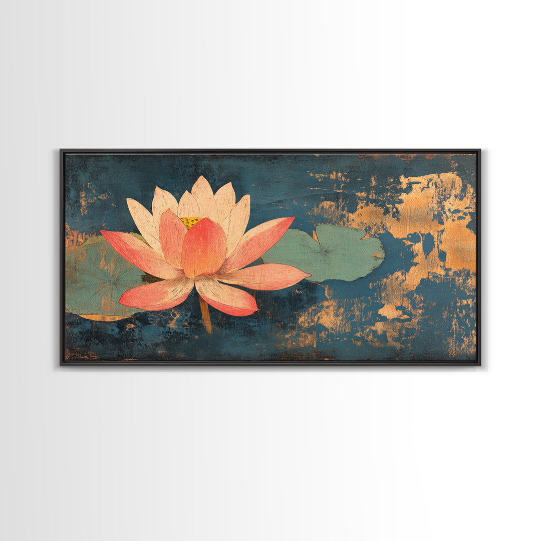 Pink Lotus Flower On Teal Water Wall Art, Zen Canvas Print, Botanical Asian Decor, Meditation Room Spa Wall Decor, Calming Art