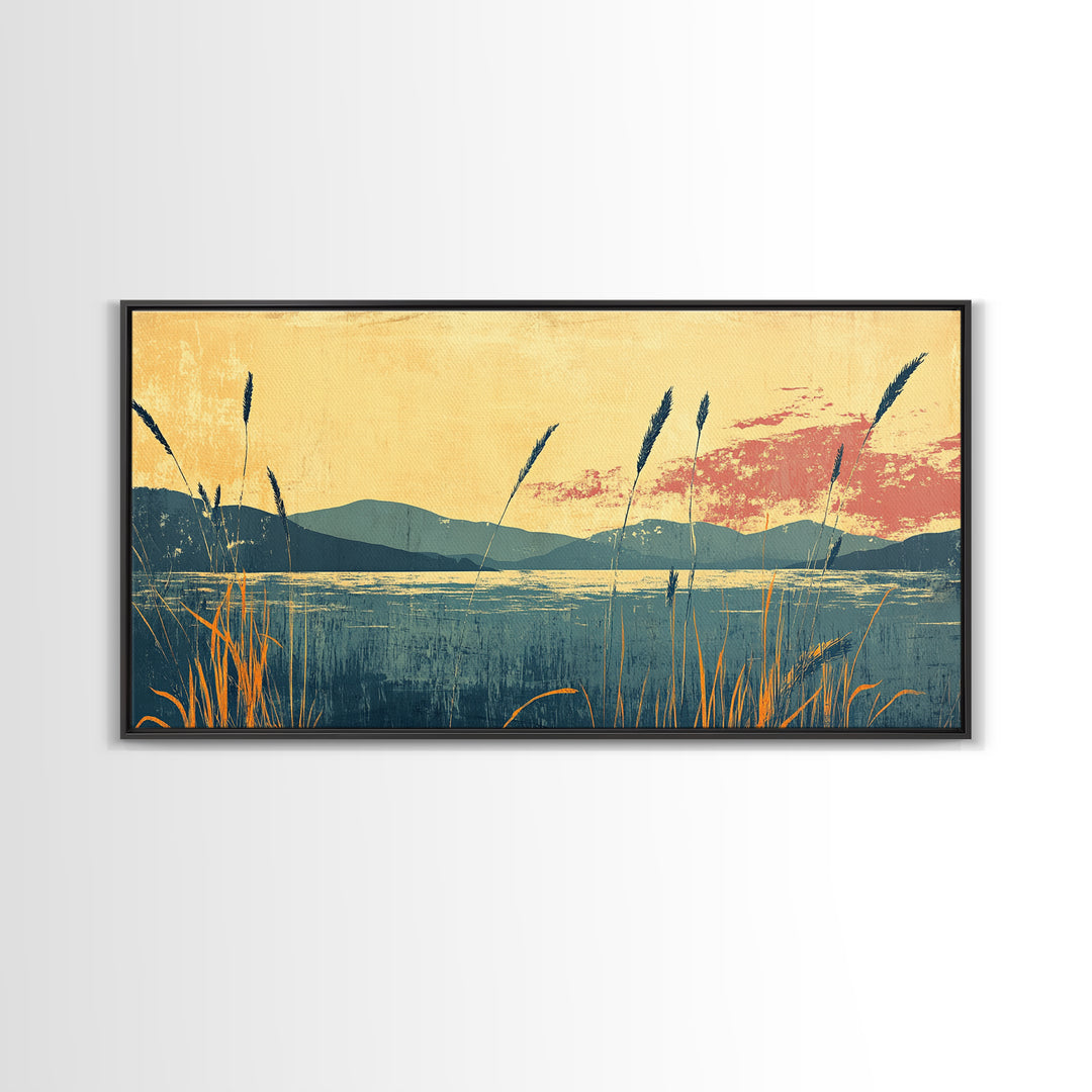 Reeds By Mountain Lake Sunset Wall Art, Serene Landscape Canvas Print, Nature Decor, Large Horizontal Living Room Art, Home Decor