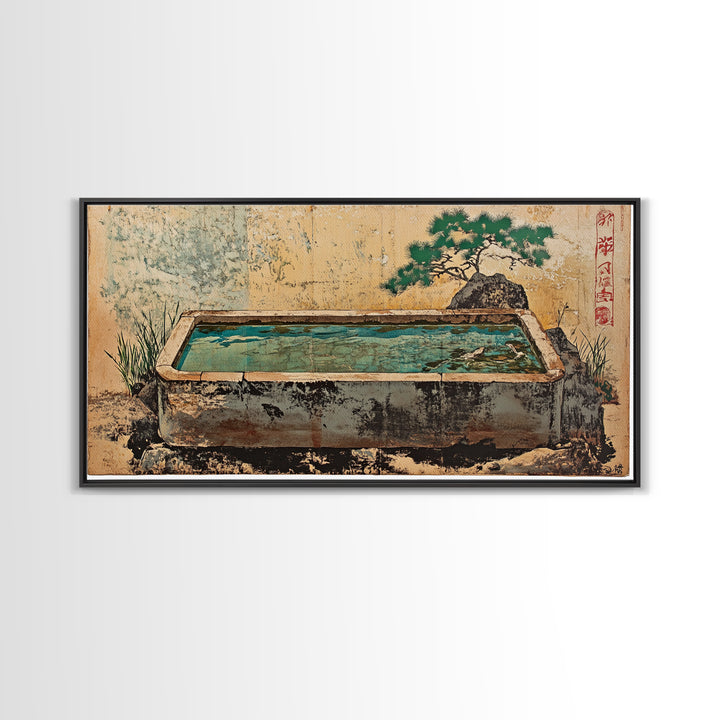 Japanese Stone Water Trough Garden Wall Art, Zen Framed Canvas Print, Bonsai Decor, Spa Meditation Room Wall Decor, Japandi Decor