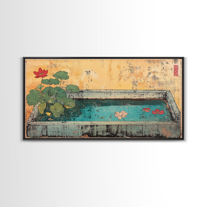 Lotus Koi Pond Garden Basin Wall Art, Japanese Canvas Print, Botanical Zen Decor, Spa Bathroom Living Room Wall Decor, Home Decor