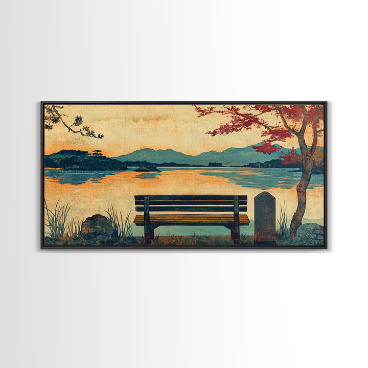 Autumn Lakeside Bench Mountain View Wall Art, Landscape Canvas Print, Rustic Cabin Decor, Serene Living Room Art, Home Decor