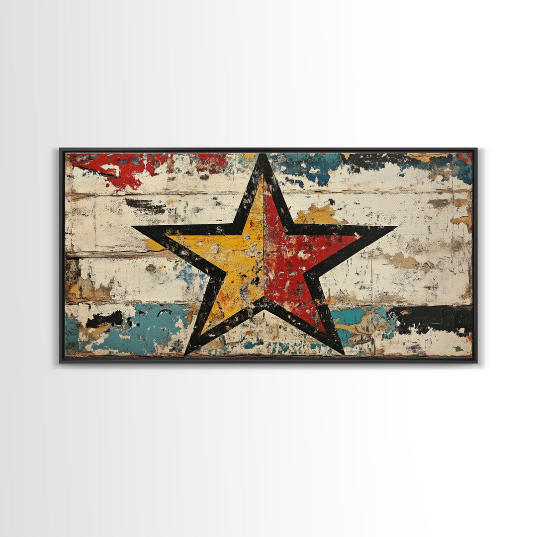 Distressed Red Yellow Star Wall Art, Rustic Americana Canvas Print, Farmhouse Wall Decor, Game Room Decor, Unique Gift For Him