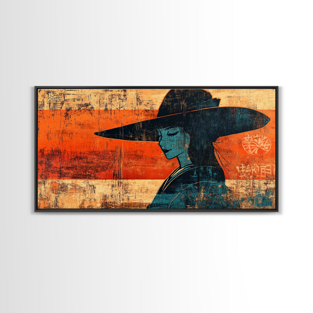 Japanese Woman In Wide Hat Wall Art, Ukiyo E Style Canvas Print, Asian Inspired Decor, Modern Japandi Wall Decor, Home Decor