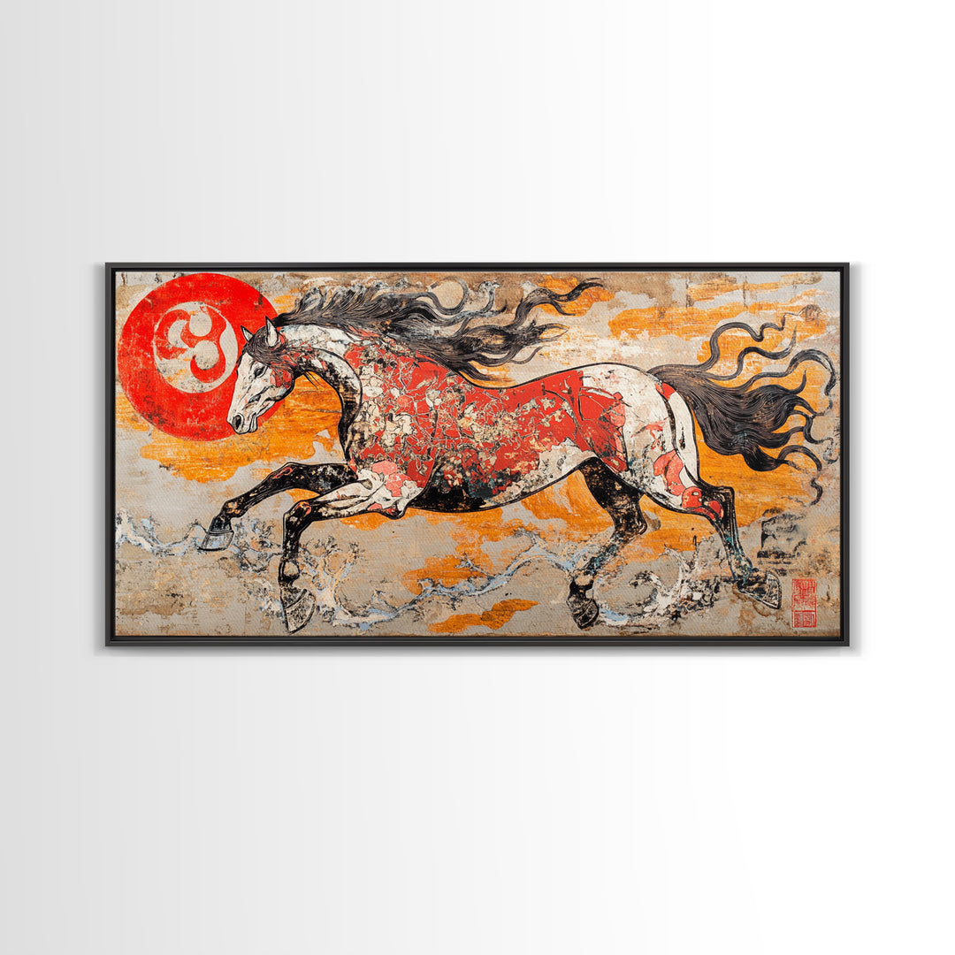 Galloping Horse And Red Sun Wall Art, Japanese Style Canvas Print, Equestrian Decor, Western Living Room Art, Home Decor Gift