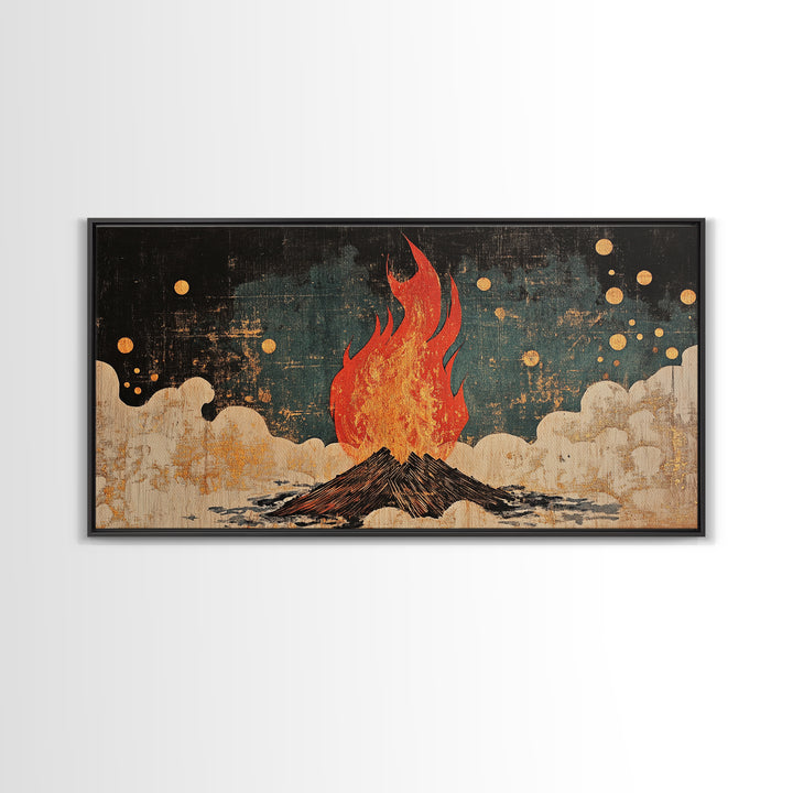 Blazing Campfire Under Moonlit Sky Wall Art, Dark Folk Art Print, Celestial Boho Decor, Rustic Cabin Lodge Home Decor Framed Canvas
