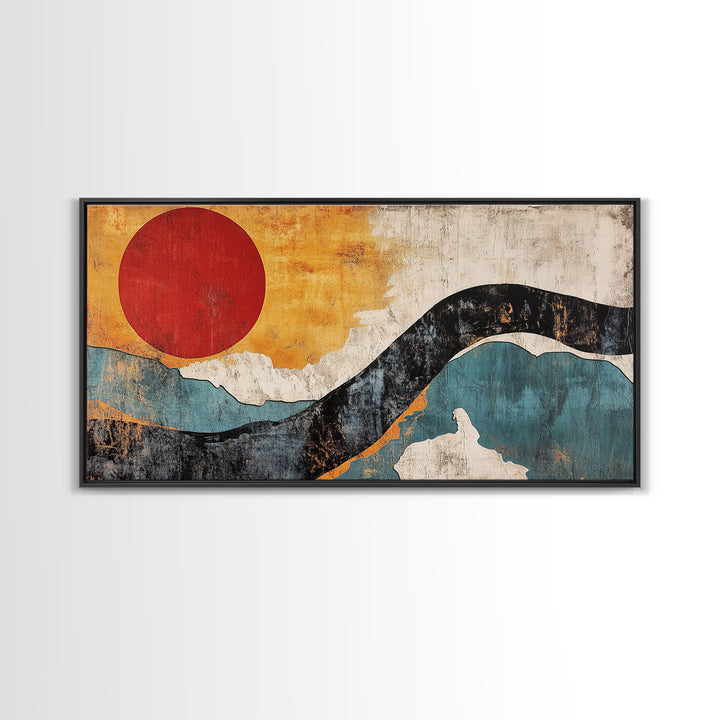 Red Sun And Blue Wave Abstract Wall Art, Mid Century Modern Print, Japandi Home Decor, Minimalist Large Framed Canvas Print