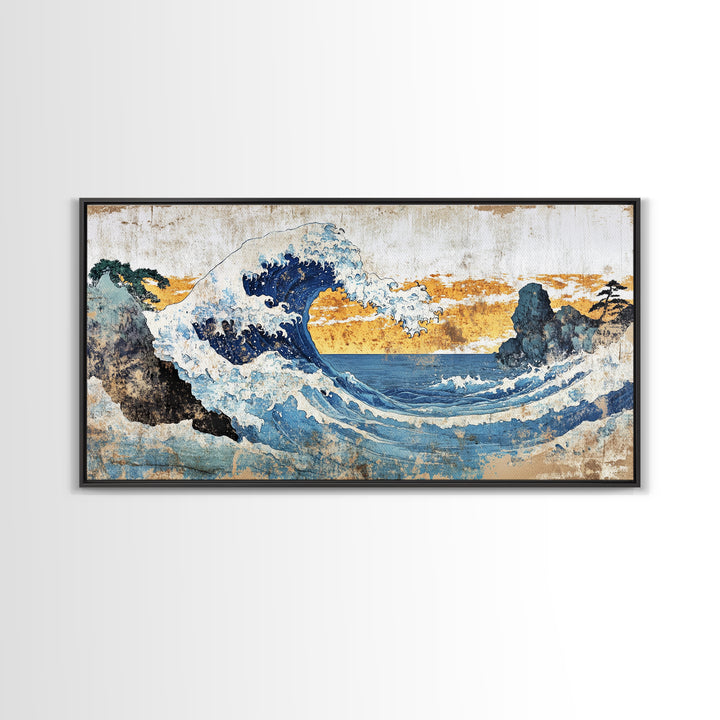 Crashing Ocean Wave Between Rocks Wall Art, Japanese Seascape Print, Coastal Decor, Nautical Living Room Framed Canvas Print