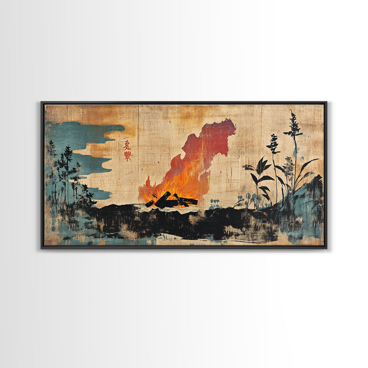 Erupting Volcano With Dark Forest Silhouette Wall Art, Japanese Landscape Canvas Print For Moody Office Decor And Home Decor