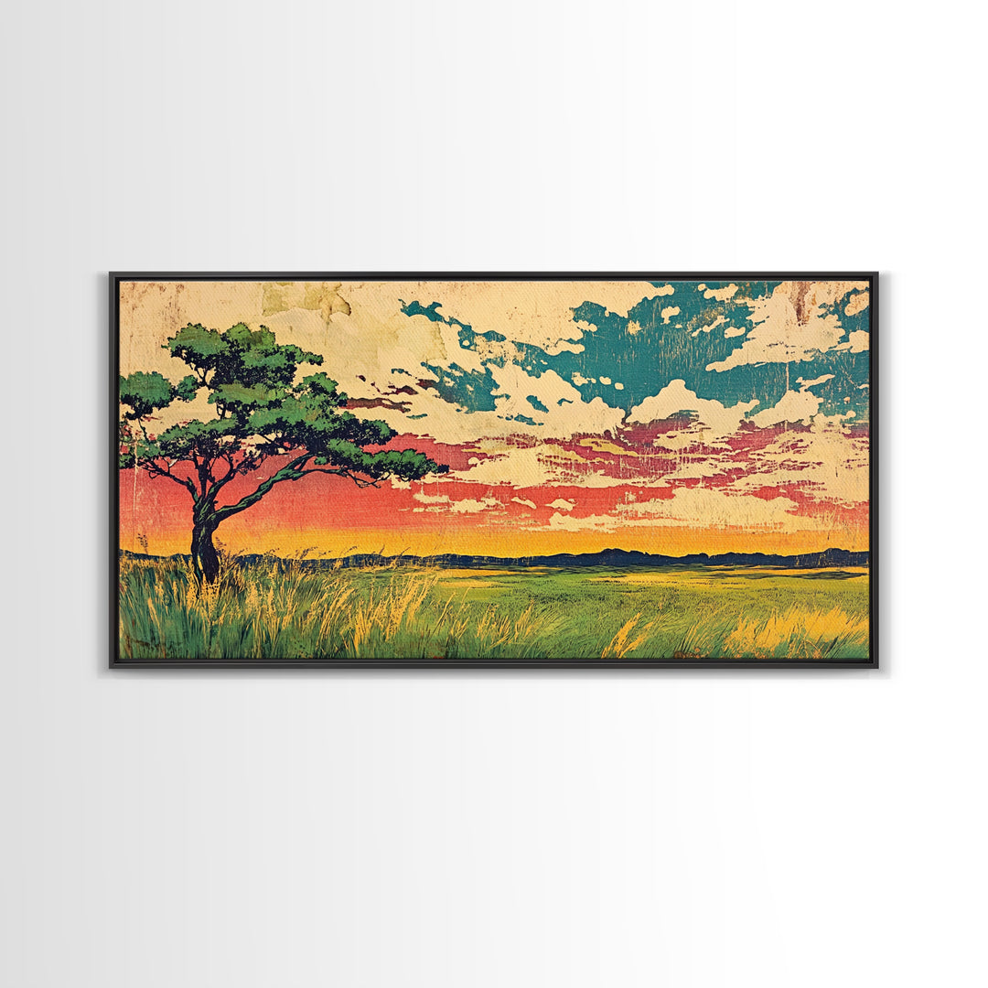 Acacia Tree At Sunset Over Golden Grassland Wall Art, African Landscape Canvas Print For Boho Decor And Warm Home Decor Art