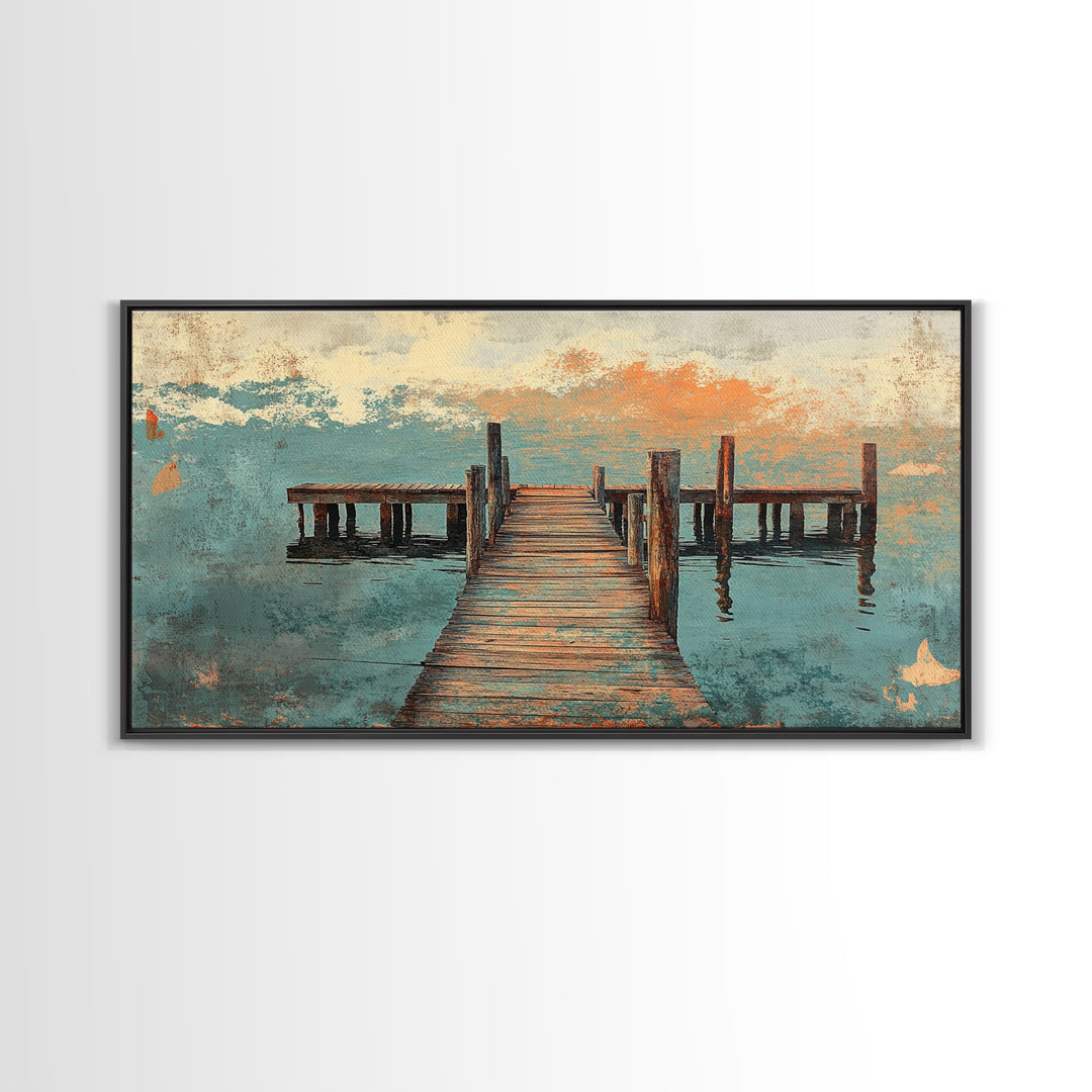 Weathered Wooden Dock Over Calm Water Wall Art, Coastal Canvas Print For Lake House Decor And Nautical Living Room Decor