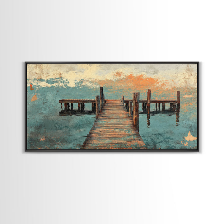 Weathered Wooden Dock Over Calm Water Wall Art, Coastal Canvas Print For Lake House Decor And Nautical Living Room Decor