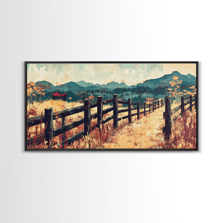 Mountain Fence Path Through Autumn Fields Wall Art, Rustic Landscape Canvas Print For Farmhouse Decor And Entryway Decor