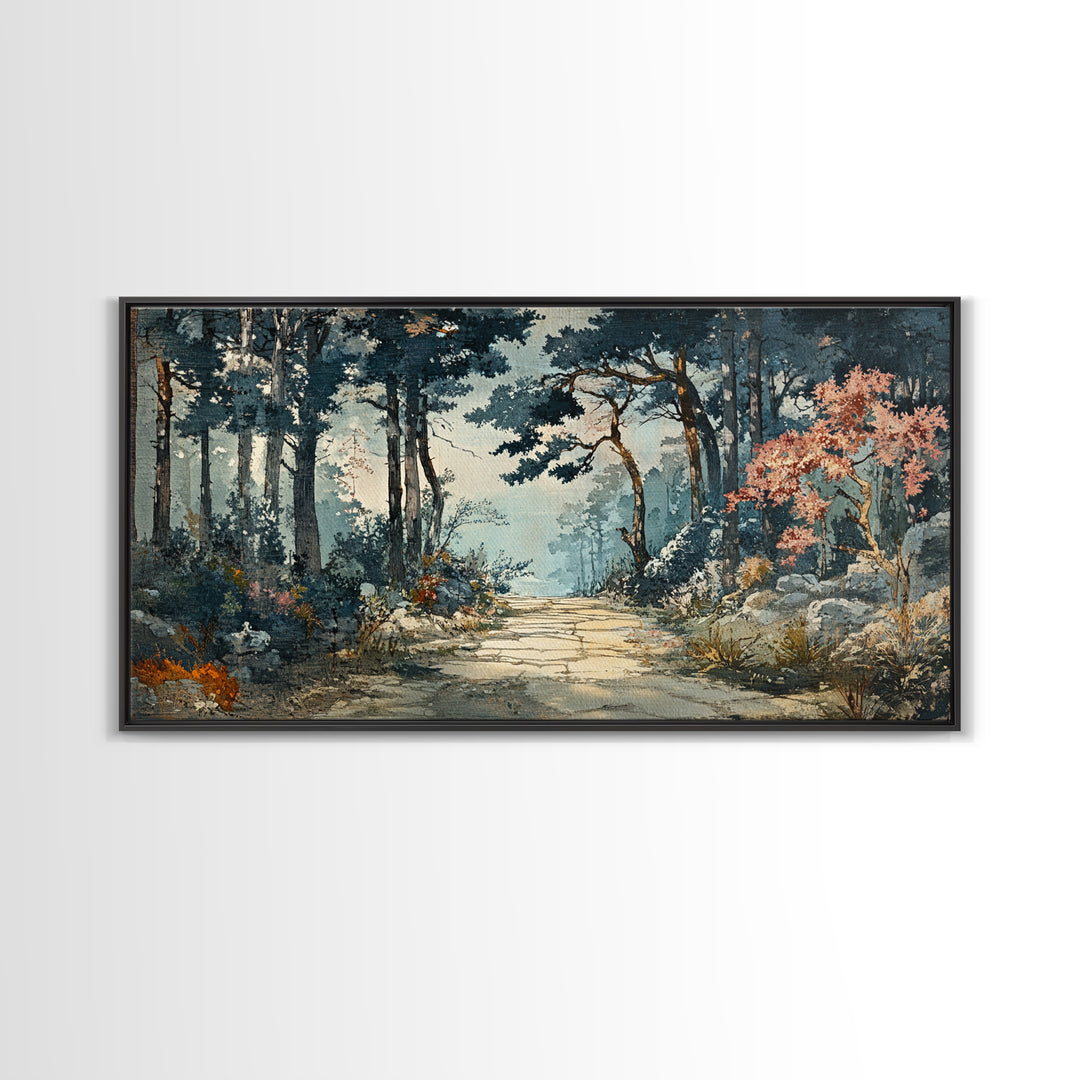 Misty Forest Path With Pink Blossoms Wall Art, Moody Woodland Canvas Print For Nature Decor And Serene Living Room Decor