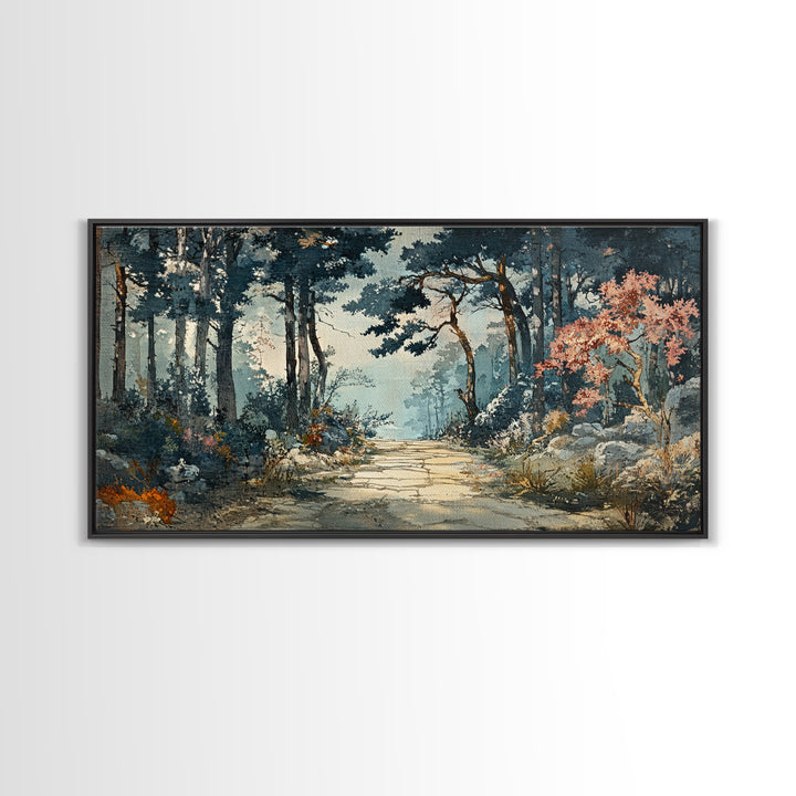 Misty Forest Path With Pink Blossoms Wall Art, Moody Woodland Canvas Print For Nature Decor And Serene Living Room Decor