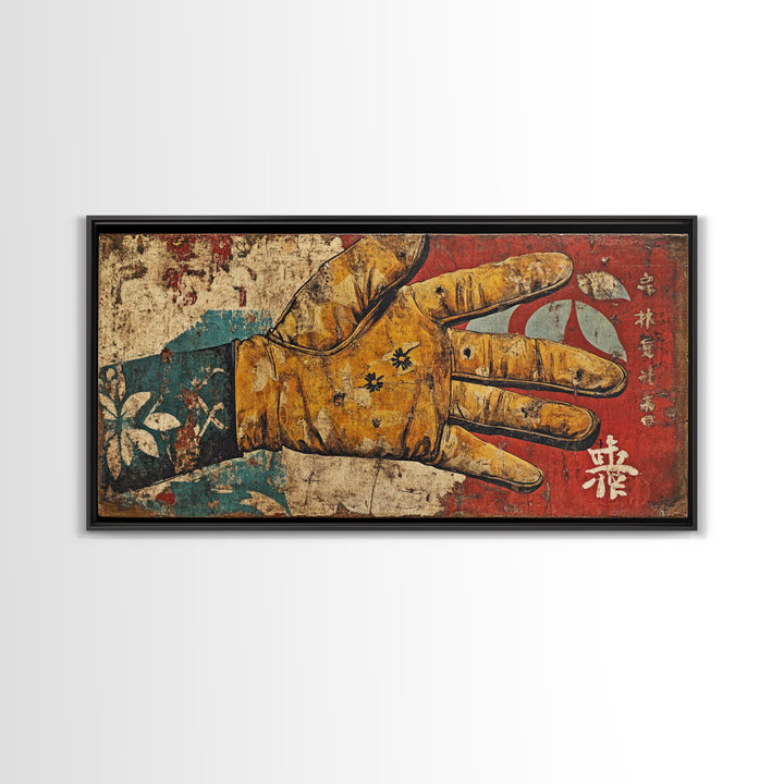 Antique Illustrated Gloved Hand On Red Teal Ground Wall Art, Surreal Canvas Print For Eclectic Decor And Statement Wall Decor