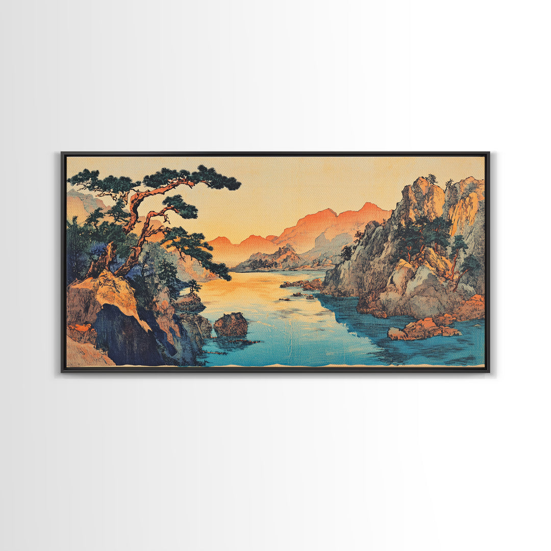 Serene Asian River Valley With Pine And Cliffs Framed Canvas Print, Japanese Landscape Art, Coastal Wall Decor, Zen Home Decor