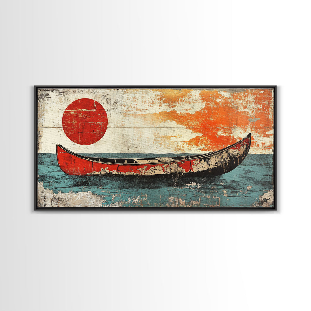Weathered Red Canoe Beneath Rising Sun Canvas Print, Nautical Wall Art, Minimalist Ocean Art, Coastal Lake House Decor, Gift For Him