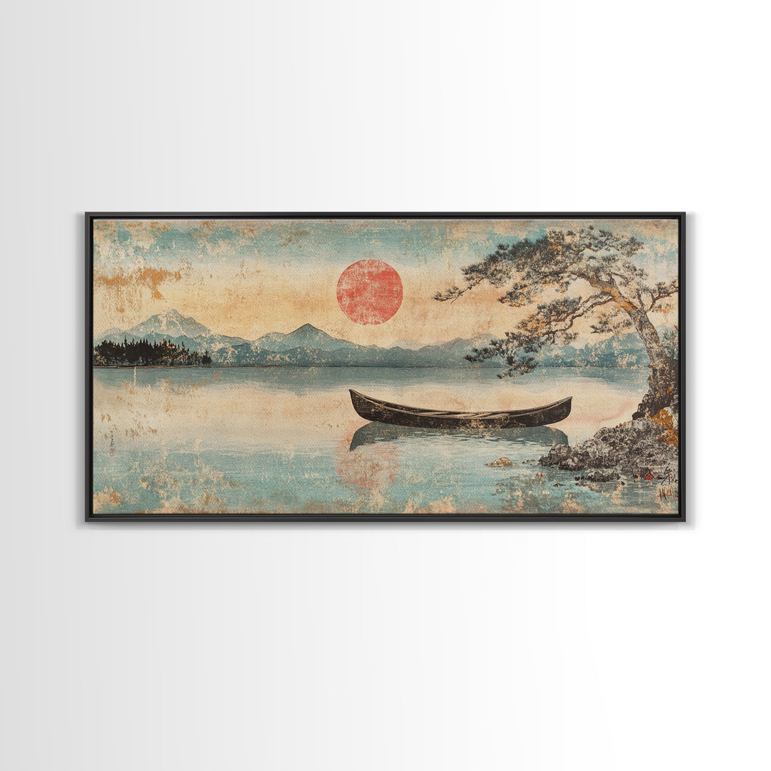 Quiet Canoe On Misty Mountain Lake Wall Art, Japanese Landscape Print, Serene Nature Home Decor, Above Bed Horizontal Art