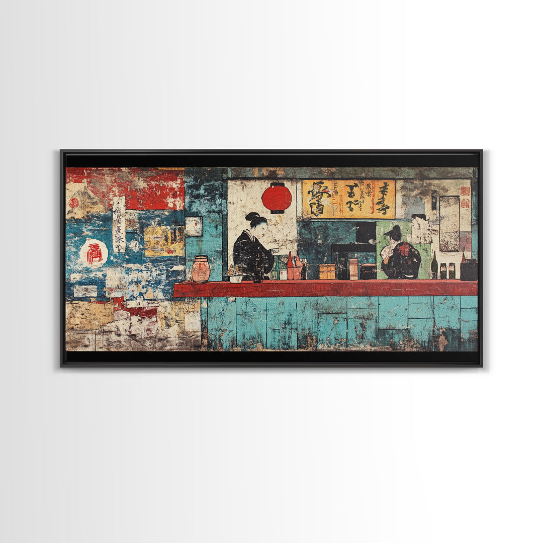 Retro Japanese Ramen Shop With Chef And Diner Canvas Print, Kitchen Wall Art, Restaurant Decor, Asian Food Poster, Home Decor