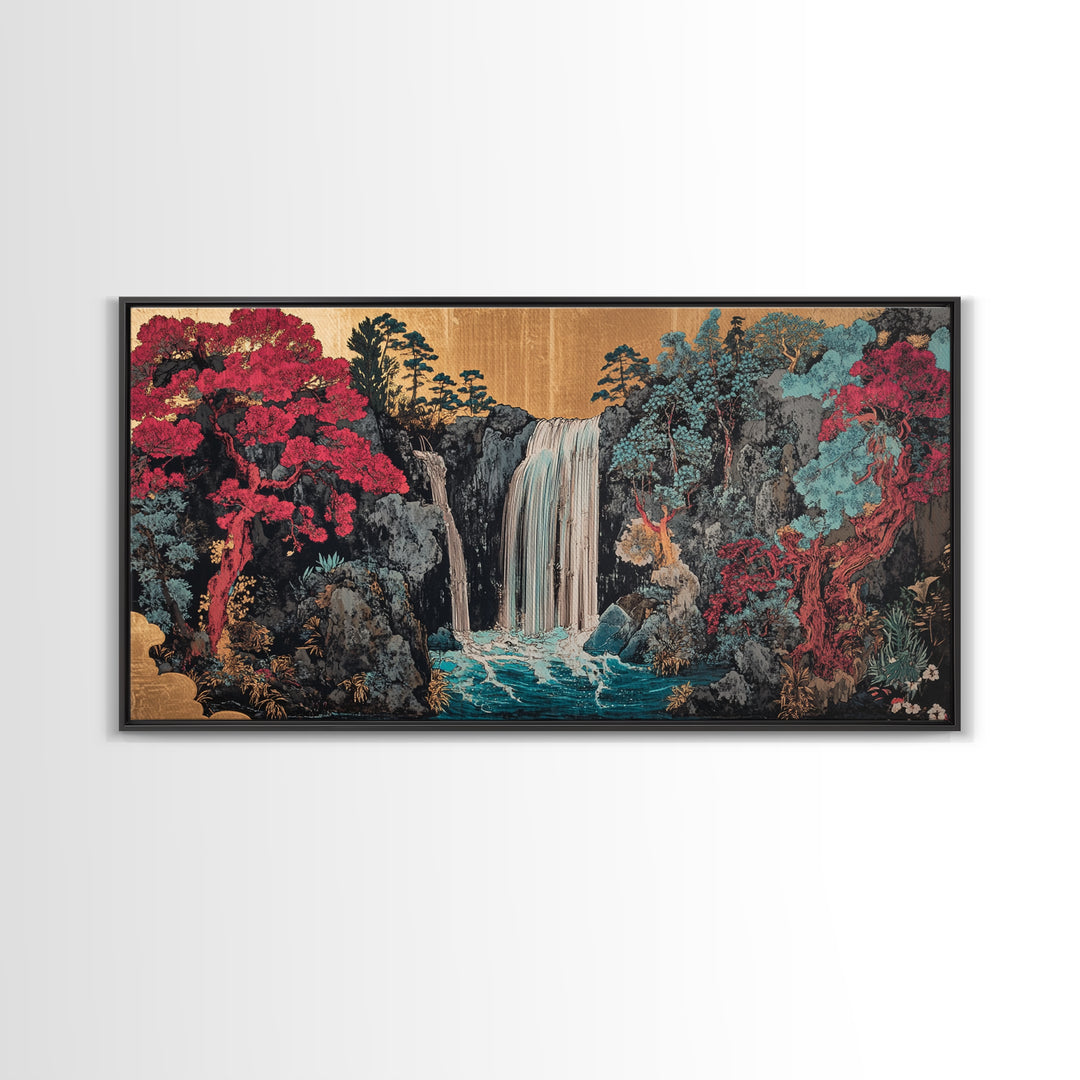 Lush Waterfall With Pink Forest Wall Art, Japanese Garden Canvas Decor, Moody Botanical Landscape Print For Living Room Decor