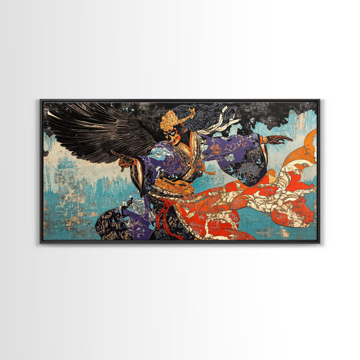 Winged Samurai Warrior In Blue Kimono Wall Art, Japanese Mythological Canvas Decor, Dramatic Fantasy Art Print For Office