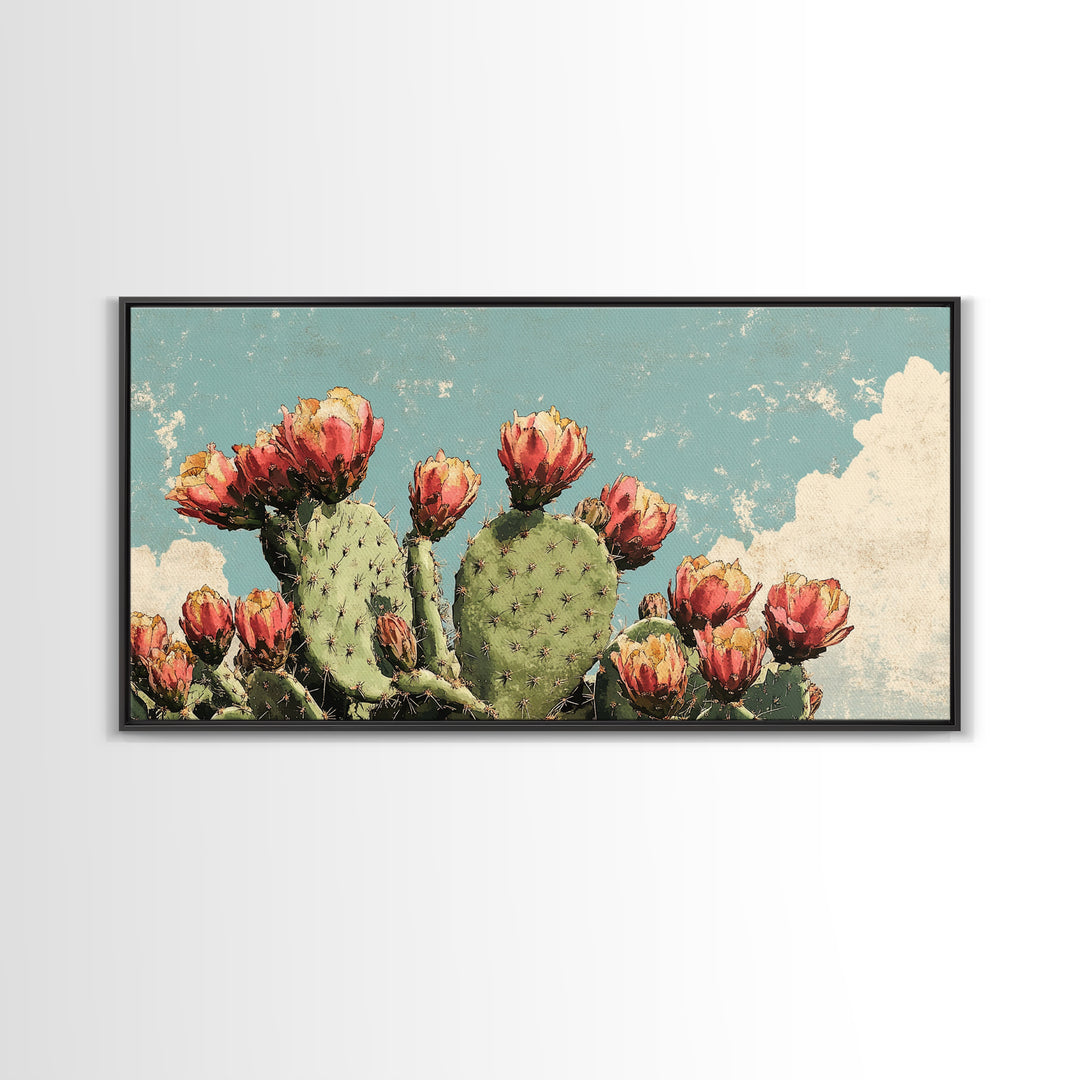 Blooming Prickly Pear Cactus Wall Art, Desert Botanical Canvas Decor, Southwestern Floral Print For Bedroom Or Living Room