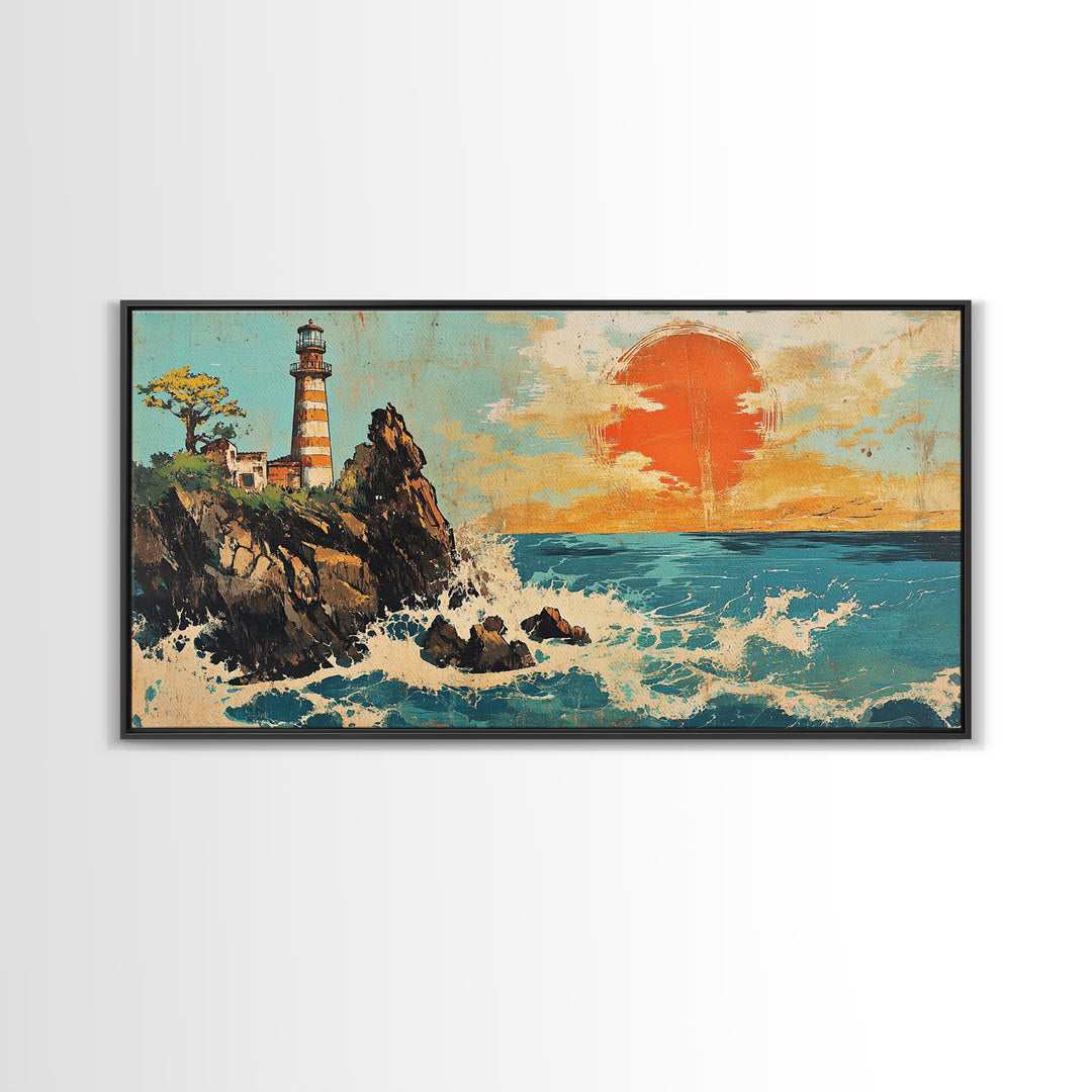 Rocky Lighthouse At Orange Ocean Sunset Framed Canvas Print, Nautical Coastal Wall Art, Beach House Decor Gift For Living Room