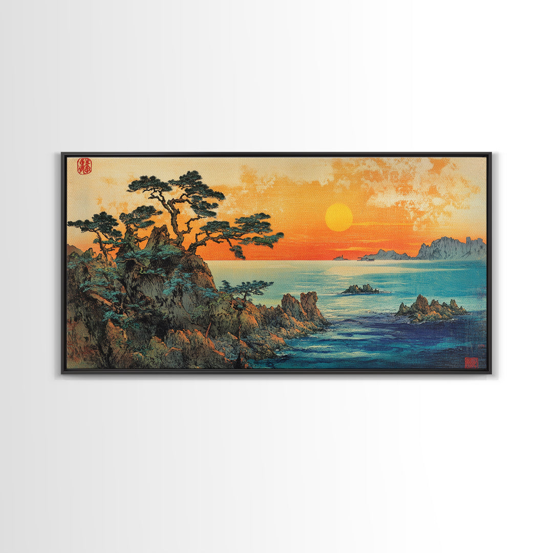 Golden Sunset Over Pine Covered Rocky Coast Canvas Print, Coastal Landscape Wall Art, Serene Beach House Decor For Living Room