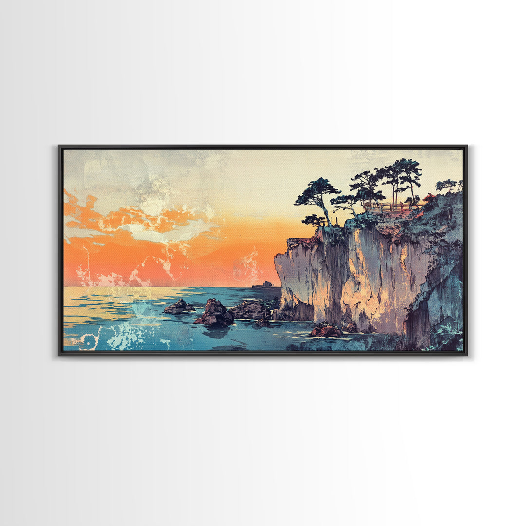 Sunset Sea Cliffs With Windswept Pines Wall Art, Coastal Canvas Print, Ocean Landscape Home Decor For Modern Living Room