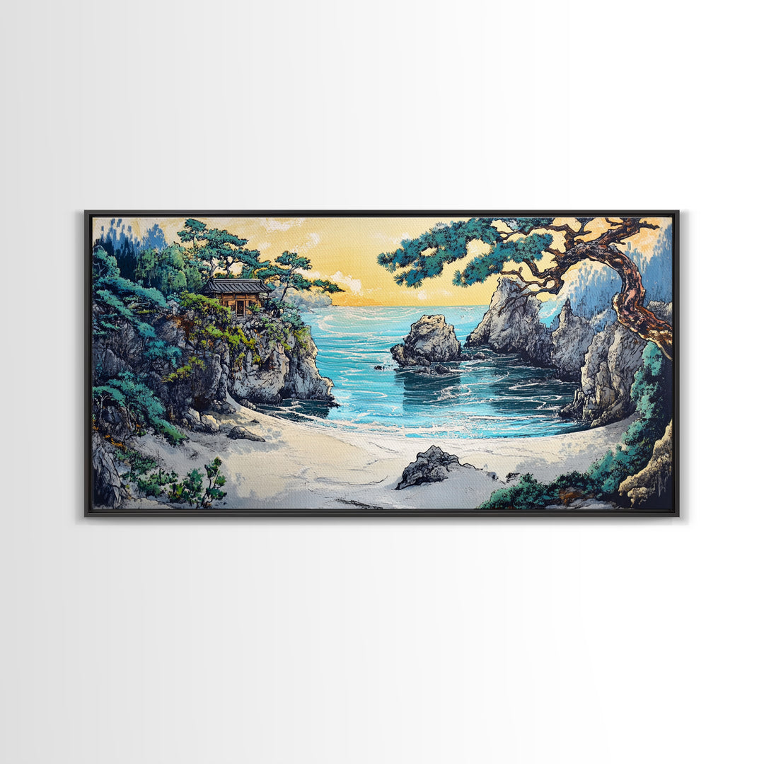 Secluded Turquoise Cove With Cliffside Temple Framed Canvas Print, Japanese Coastal Wall Art, Japandi Home Decor For Living Room